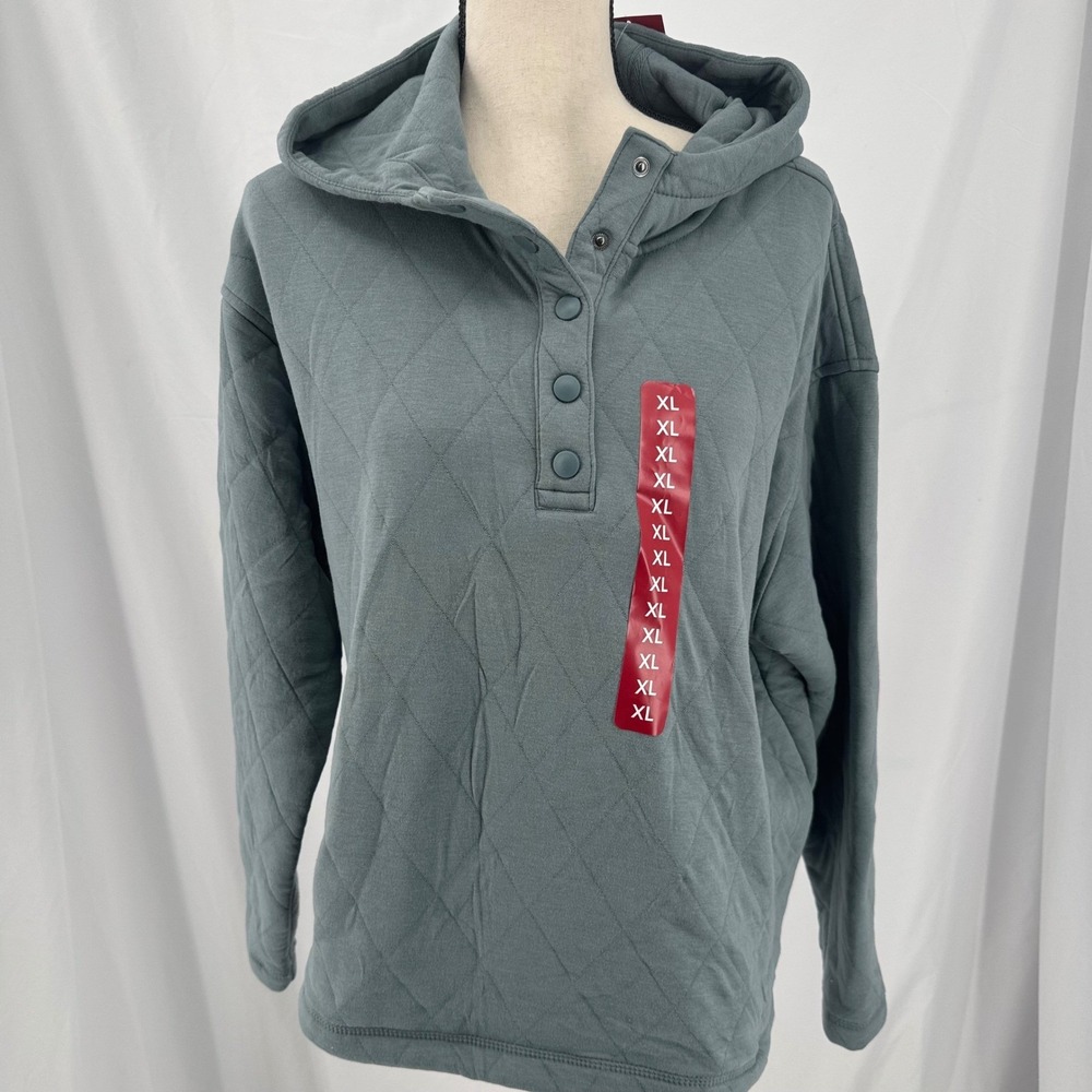 Lands End Women Quilted Pullover Hoodie Light Blue Snap Neck XL 16-18 NWT